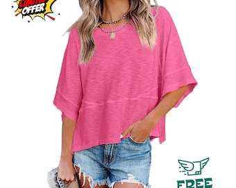 Womens Batwing Sleeve Summer Top Crewneck Loose Fit Casual Blouse