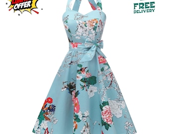 Womens 1950s Polka Dot Halter Dress Vintage Audrey Retro Swing Cocktail Party Dress