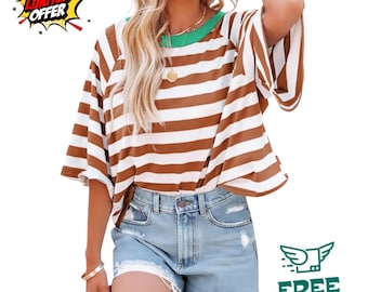 Womens Striped Color Block T-Shirt Crewneck Loose Fit Casual Summer Basic Tee Fashion Top