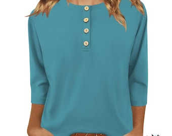Women’s Floral 3/4 Sleeve Blouse Crew Neck Loose Casual Tunic Top Lightweight Shirt