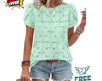 Women's Crochet Lace Blouse, Boho Petal Sleeve Summer Top, Elegant Bohemian Shirt