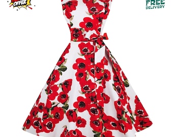 1950s Vintage Swing Dress Womens Sleeveless Boatneck Cocktail Wedding Guest Dress