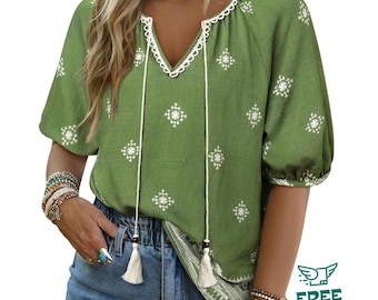 Womens Boho Floral V Neck Tie Front Lantern Sleeve Summer Blouse Top