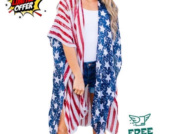 Womens American Flag Kimono Cover Up Patriotic Beach Cardigan USA July 4th Shirt