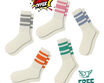Retro Striped Cotton Crew Socks Women's Sporty Casual Calf Socks (5 Pairs)