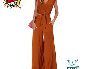 Women's 2-Piece Summer Set: V-Neck Crop Top, Wide-Leg Pants, Lightweight Polyester