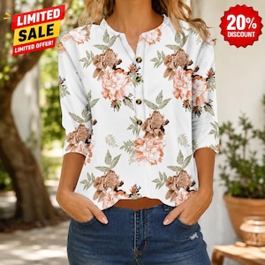 White Pink Floral 3/4 Sleeve Top, Boho Casual Blouse, Feminine Summer Tunic