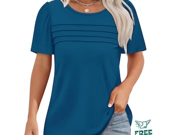 Women’s Pleated Front Blouse Short Sleeve Scoop Neck Flowy Dressy Casual Summer Top