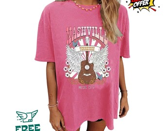 Oversized Rock Band T Shirt Women Nashville Music City Vintage Guitar Graphic Tee
