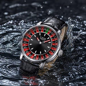 May include: A black and silver wristwatch with a roulette wheel design. The watch has a black face with red and white markings, a silver bezel, and a black leather strap. The watch is water resistant.