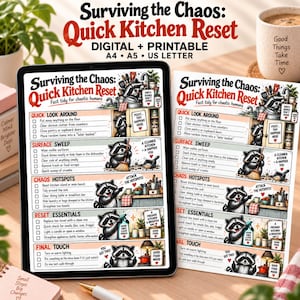 Könnte beinhalten: Eine digitale und druckbare Küchenreinigungs-Checkliste mit dem Titel Surviving the Chaos: Quick Kitchen Reset. Das Dokument enthält Waschbären-Illustrationen, Kontrollkästchen und Abschnitte für schnelle Aufgaben, Oberflächenreinigung und Ordnung.