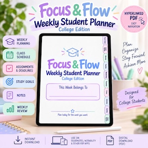 Può includere: Un tablet digitale che mostra il Focus & Flow Weekly Student Planner College Edition. Lo schermo presenta un'icona di un tocco di laurea, una sezione per l'identificazione personale e una barra di navigazione laterale con schede.