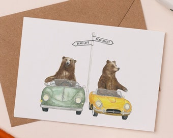 Bear Left Bear Right Greetings Card | Funny Animal Illustration | Card for Dad | Driving Pun Card | Brown Bear Drawing