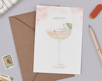 Bubble Bath Greetings Card | Funny Birthday Card | Champagne Illustration Card | Animal Card | Prosecco Mouse Card | Glass of Fizz Card