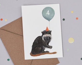 Fourth Birthday Card | Age 4 Card | Monkey Balloon Illustration | Tamarin Monkey Illustration | 4th Birthday Card