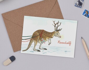 Roodolf Christmas Card | Funny Kangaroo | Cute Holiday Card | Australian Christmas Illustration | Christmas pun card