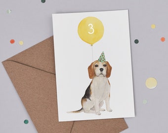 Third Birthday Badger Greetings Card | Age 3 Card | Beagle Balloon Illustration | Dog Illustration | 3rd Birthday Card