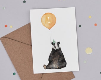 First Birthday Badger Greetings Card | Age 1 Card | Badger Balloon Illustration | Badger Love Card | 1st Birthday Card
