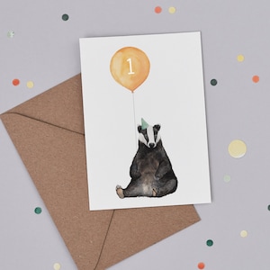 First Birthday Badger Greetings Card Age 1 Card Badger Balloon Illustration Badger Love Card 1st Birthday Card image 1