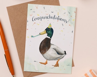 Conquackulations Greetings Card | Funny Congrats Card | Duck Pun Illustration Card | Congratulations Card | Cute Duck Card | Wedding Card