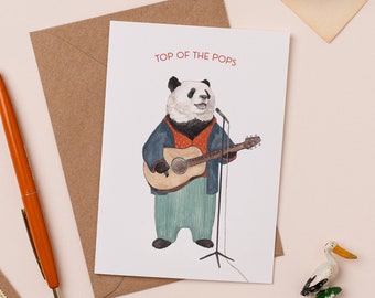 Le haut de la carte de voeux Pops | Carte de fête des pères panda | Carte d'anniversaire de papa | Jeu de mots musical | Carte drôle de panda | Illustration de musicien