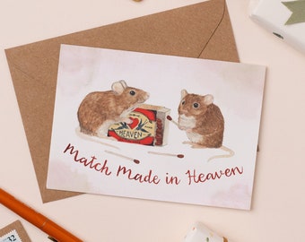 Match Made in Heaven Card | Cute Animal Anniversary Card | Love Pun Illustration | Mouse Love Greetings Card | Vintage Matchbox Card