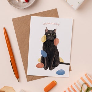 You're Electric Karte | Katzen-Feier-Karte | Lustige Katzenballon Illustration | Geburtstagskatze | Schwarze Katze Karte | Statische Ballons