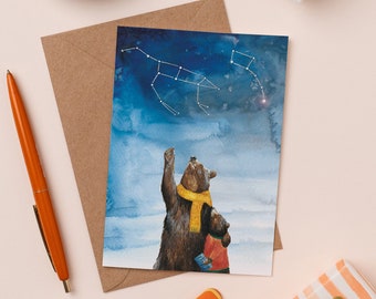 Ursa Major + Ursa Minor Greetings Card | Bear Constellations | Starry Night Card | New Baby Card | Brown Bear Card | Card for Mum and Dad