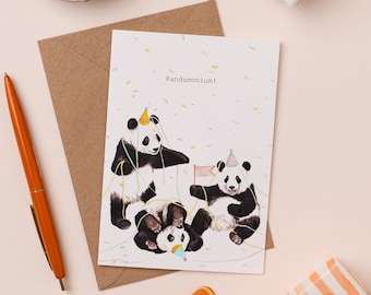 Tarjeta de felicitación Pandamonium / Tarjeta de cumpleaños de panda divertida / Ilustración de pandas de fiesta / Invitación de fiesta de panda / Tarjeta de cumpleaños divertida