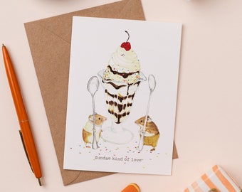 Sundae Kind of Love Greetings Card | Cute Mice Love Card | Sunday Kind of Love Pun | Ice Cream Illustration