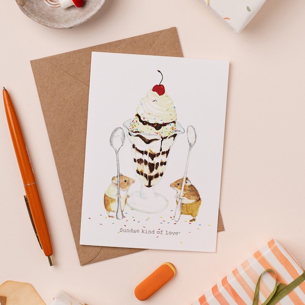 Sundae Kind of Love Greetings Card | Cute Mice Love Card | Sunday Kind of Love Pun | Ice Cream Illustration