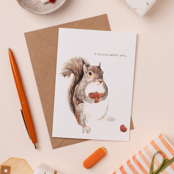 Carte de voeux « Nuts About You » | animal romantique | illustrée d'écureuil | d'amour | Carte d'anniversaire mignonne | L'écureuil de la Saint-Valentin