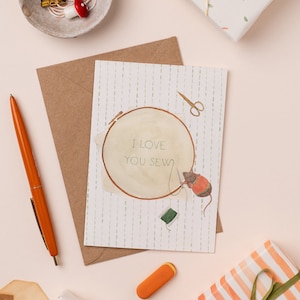 Tarjeta de costura "Te amo" / Tarjeta de felicitación para artesanos / Ilustración de costura / Tarjeta para ella / Tarjeta linda para mamá / Tarjeta de bordado
