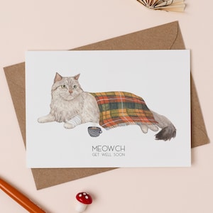 Biglietto di auguri Meowch / Biglietto di auguri per una pronta guarigione con un gatto / Illustrazione di un gatto malato / Biglietto di auguri divertente per una pronta guarigione