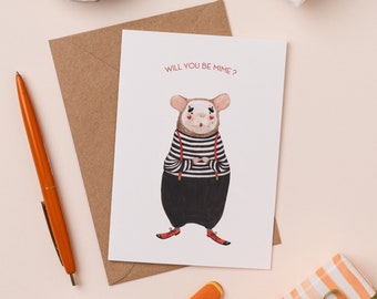 Will You Be Mime Greetings Card | Cute Mouse Card | Valentine's Pun Card | Love Illustration | Be Mine Card | Valentine's Day Animal Card