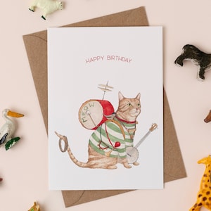 Un chat carte | carte d'anniversaire de chat | Illustration du groupe One Man Band | de voeux chat roux | Carte pour mélomane