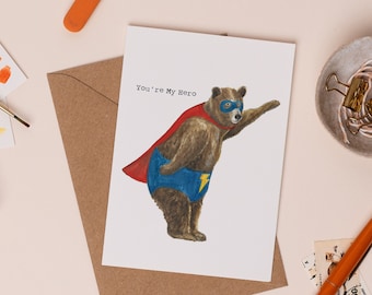 You're My Hero Greetings Card | Super Hero Bear Card | Super Hero Illustration | Cute Superhero Card | Mother's Day Bear Card | Mama Bear