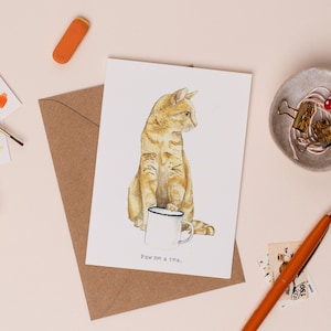 Donnez-moi une carte de voeux de thé | Carte mignonne de chat | Illustration de chat tigré roux | carte d'anniversaire de buveurs de thé | Carte chat pour la fête des mères