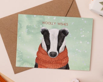 Woolly Wishes Badger Christmas Card | Cute Animal Holiday Card | Knitted Christmas | Wintry Thank You Card | Badger in a scarf illustration