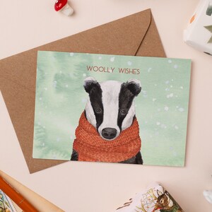 Woolly Wishes Badger Christmas Card | Cute Animal Holiday Card | Knitted Christmas | Wintry Thank You Card | Badger in a scarf illustration