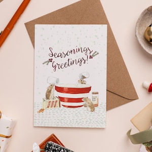 Seasonings Greetings Christmas Card | Christmas Pudding Illustration | Cute Mice Holiday Card | Season's Greetings Pun