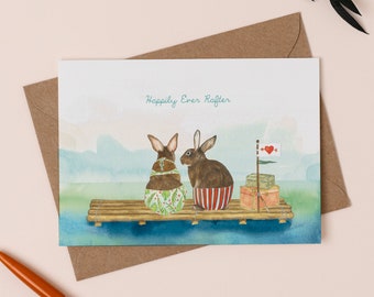 Happily Ever Rafter Greetings Card | Beach Wedding Card | Rabbit Engagement Illustration | Sunset Wedding Drawing | Sailing Love Card