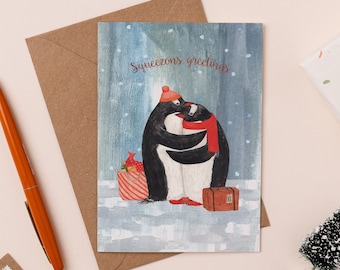 Squeezons Greetings Christmas Card | Penguin Christmas Card | Funny Holiday Card | Seasons Greetings Christmas Cards | Christmas Card Pack