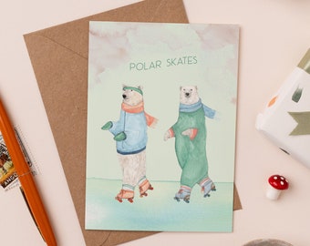 Polar Skates Christmas Card | Roller Skating Pun Card | Funny Holiday Card | Polar Bear Christmas Cards | Christmas Card Pack