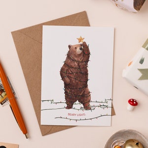 Beary Lights Christmas Card | Bear Pun Card | Funny Holiday Card | Fairy Lights Christmas Cards | Christmas Card Pack