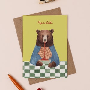 Carte de voeux Papa Delle | Carte de fête des pères | Pappardelle pâtes Pun | Carte de jeu de mots pour père | Carte de blague de papa | Illustration drôle d'ours