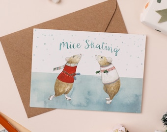 Mice Skating Christmas Card | Funny Christmas Card | Mouse Holiday Illustration | Christmas Mice Greetings Card