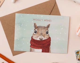 Woolly Wishes Squirrel Christmas Card | Cute Animal Holiday Card | Knitted Christmas | Wintry Thank You Card | Squirrel in a scarf