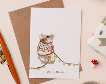 Tarjeta navideña de Chris Mouse / Linda tarjeta navideña / Tarjeta navideña de Mouse / Juego de palabras navideño / Tarjeta navideña divertida / Ilustración de suéter navideño