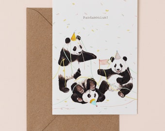 Funny Panda Birthday Card: Watercolor Party Pandamonium Illustration